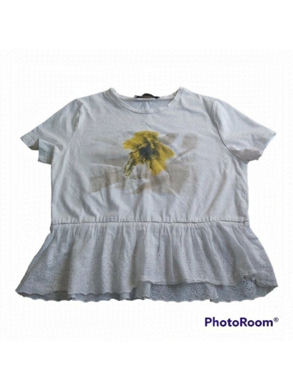 Zara Size Small Girls White T-Shirt With Lace Trim And Yellow Flower